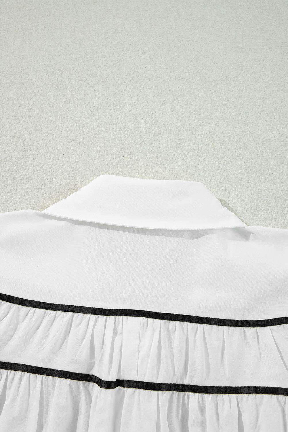 Ribbon Bowtie Collared Neck Flounce Sleeve Shirt - Clothes For Her Online Store