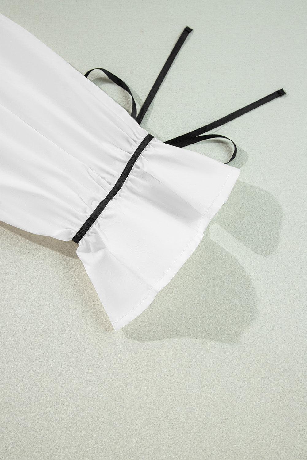 Ribbon Bowtie Collared Neck Flounce Sleeve Shirt - Clothes For Her Online Store