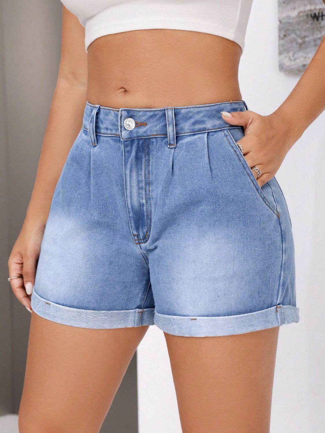 Rolled Hem Mid-Rise Waist Denim Shorts - Clothes For Her Online Store
