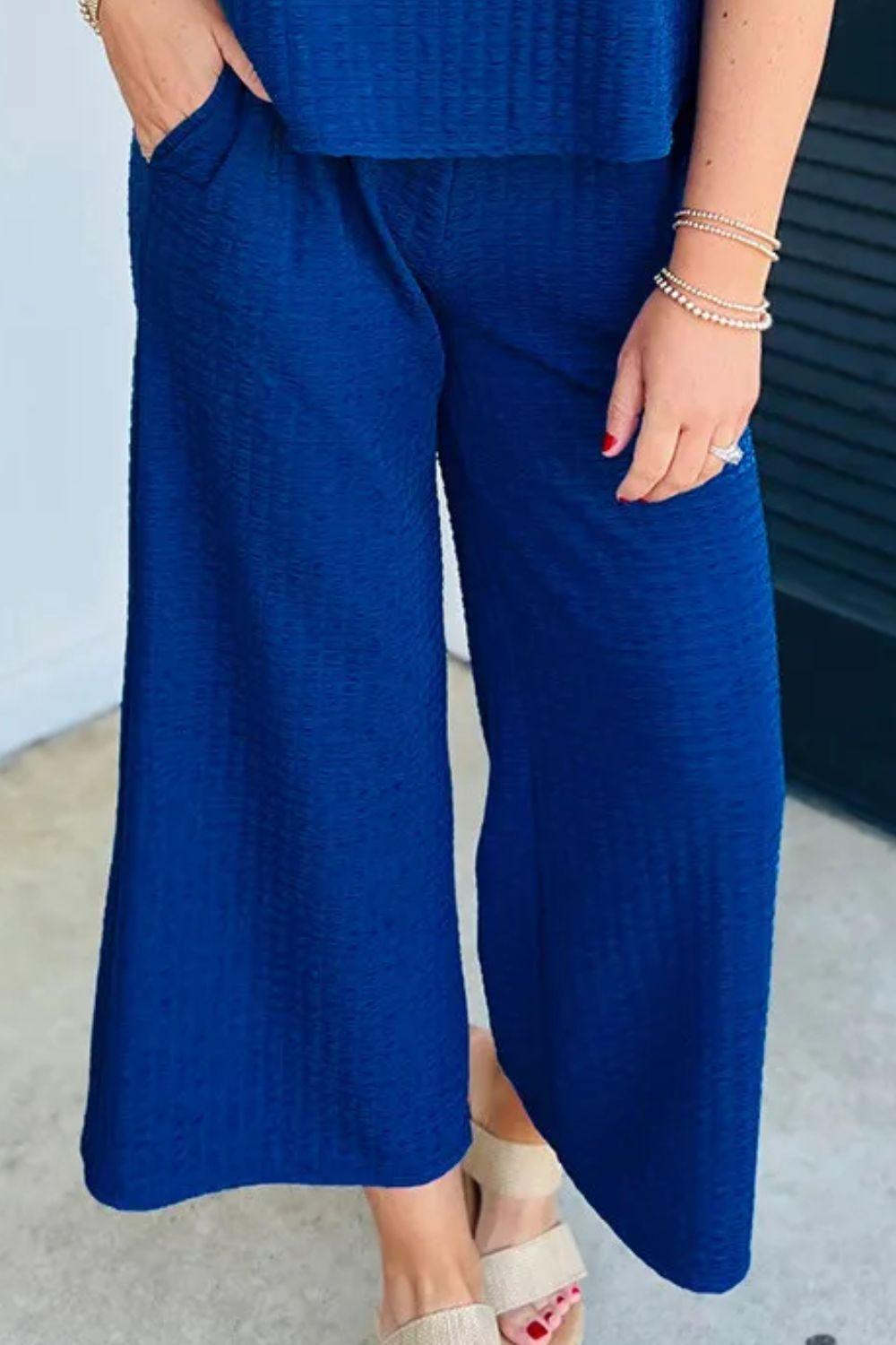 Round Neck Cap Sleeve Top and Pants Set - Clothes For Her Online Store