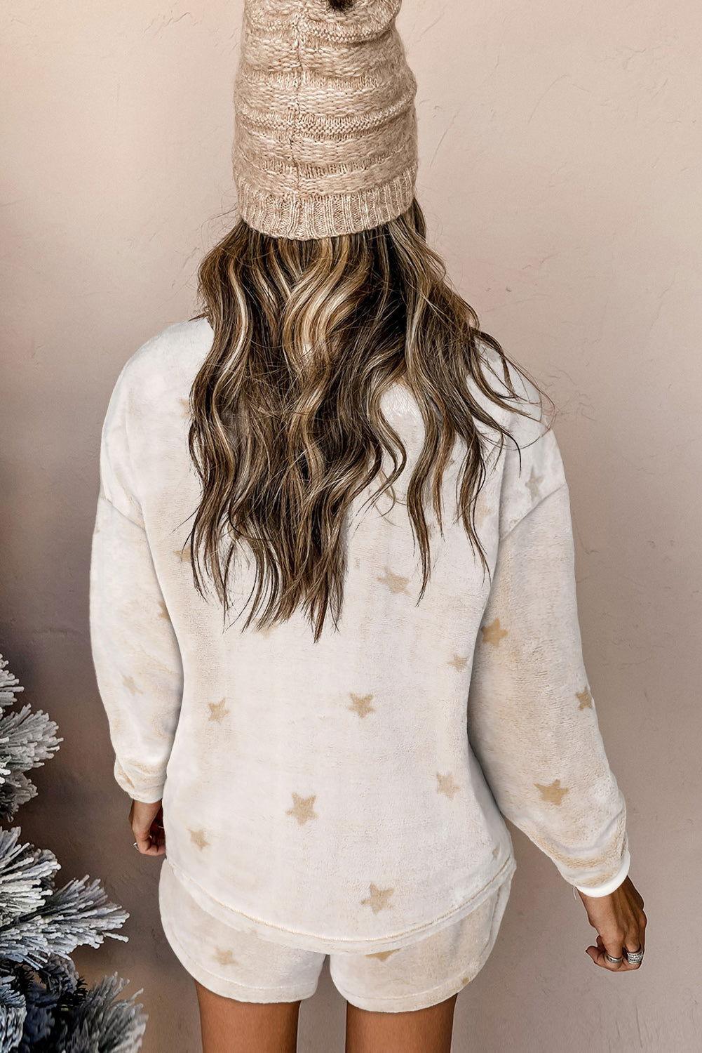 Round Neck Dropped Shoulder Star Print Top and Shorts Lounge Set - Clothes For Her Online Store