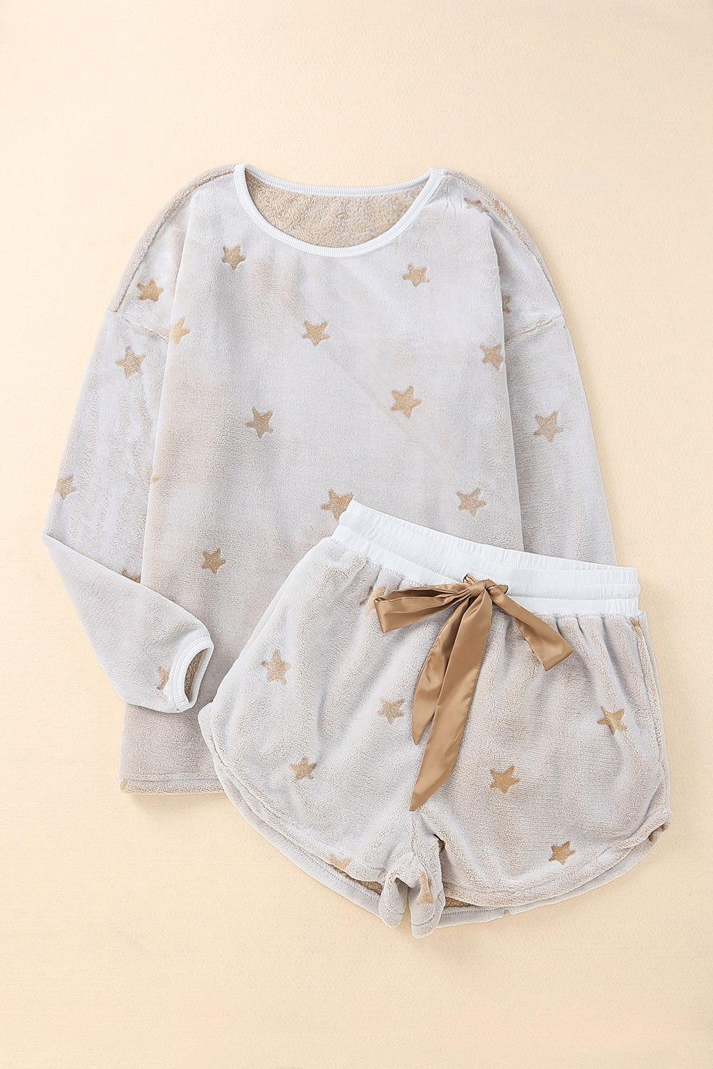 Round Neck Dropped Shoulder Star Print Top and Shorts Lounge Set - Clothes For Her Online Store