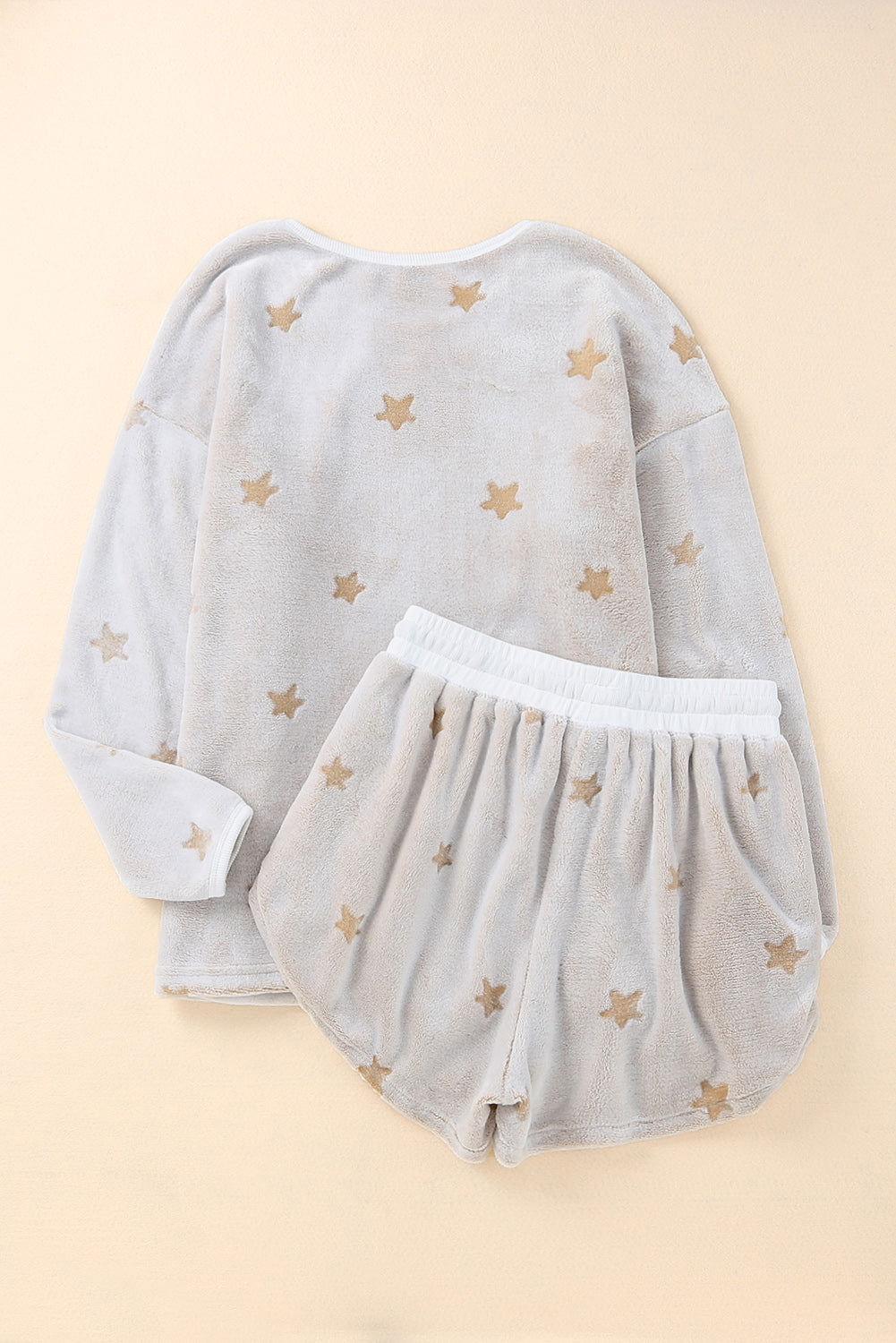 Round Neck Dropped Shoulder Star Print Top and Shorts Lounge Set - Clothes For Her Online Store