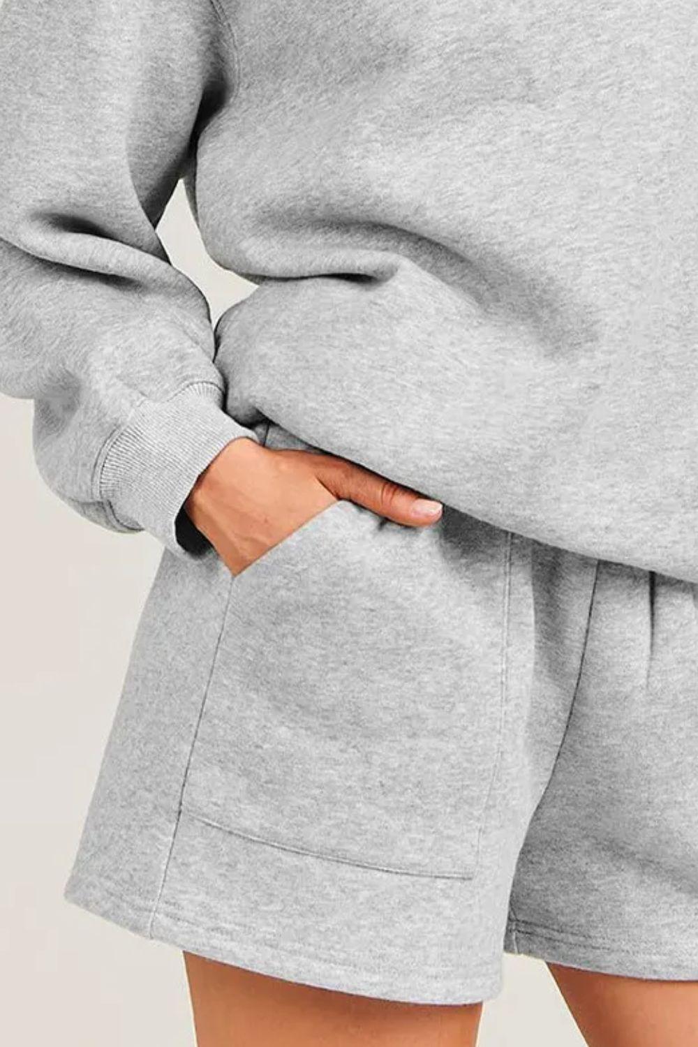 Round Neck Dropped Shoulder Sweatshirt and Shorts Set - Clothes For Her Online Store