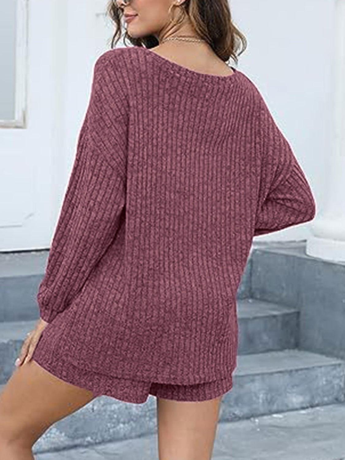 Round Neck Dropped Shoulder Top and Shorts Set - Clothes For Her Online Store
