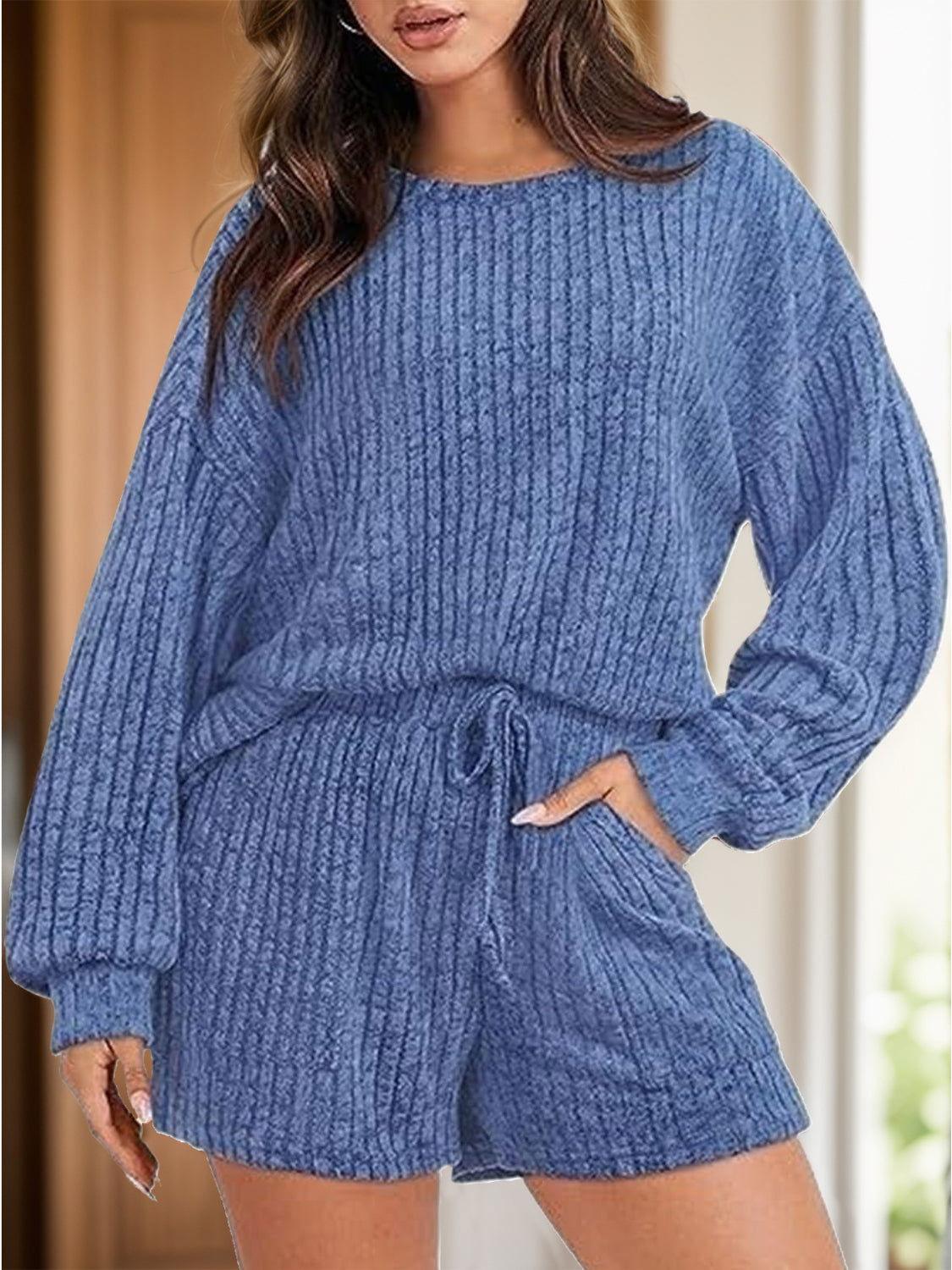 Round Neck Dropped Shoulder Top and Shorts Set - Clothes For Her Online Store