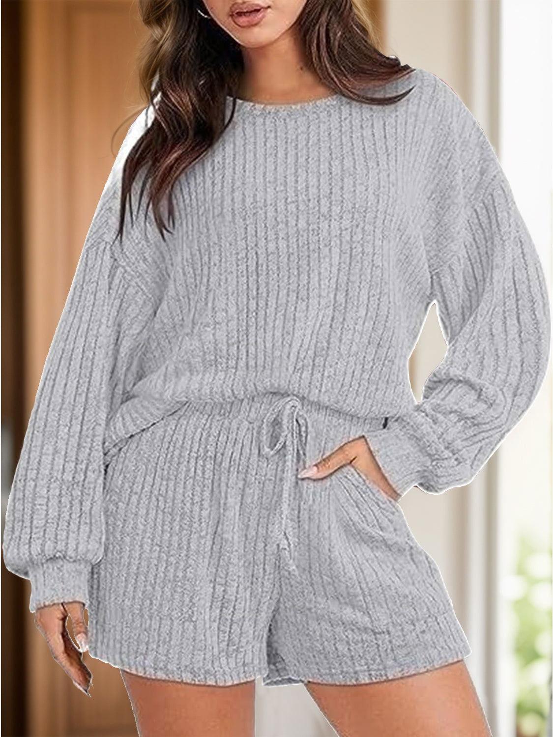 Round Neck Dropped Shoulder Top and Shorts Set - Clothes For Her Online Store