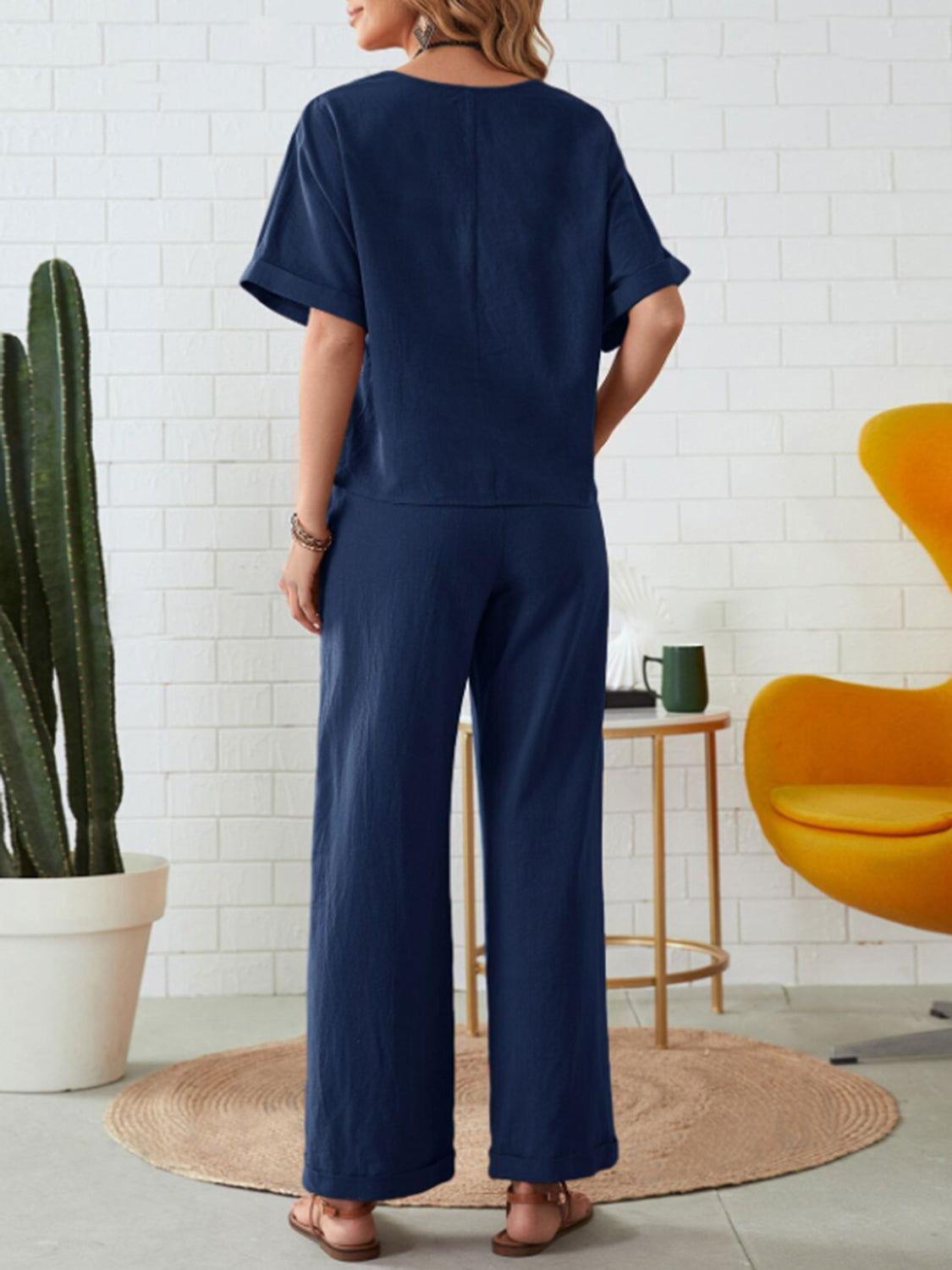 Round Neck Half Sleeve Top and Pocketed Pants Set - Clothes For Her Online Store