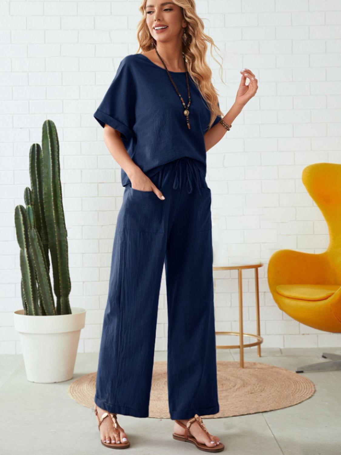 Round Neck Half Sleeve Top and Pocketed Pants Set - Clothes For Her Online Store