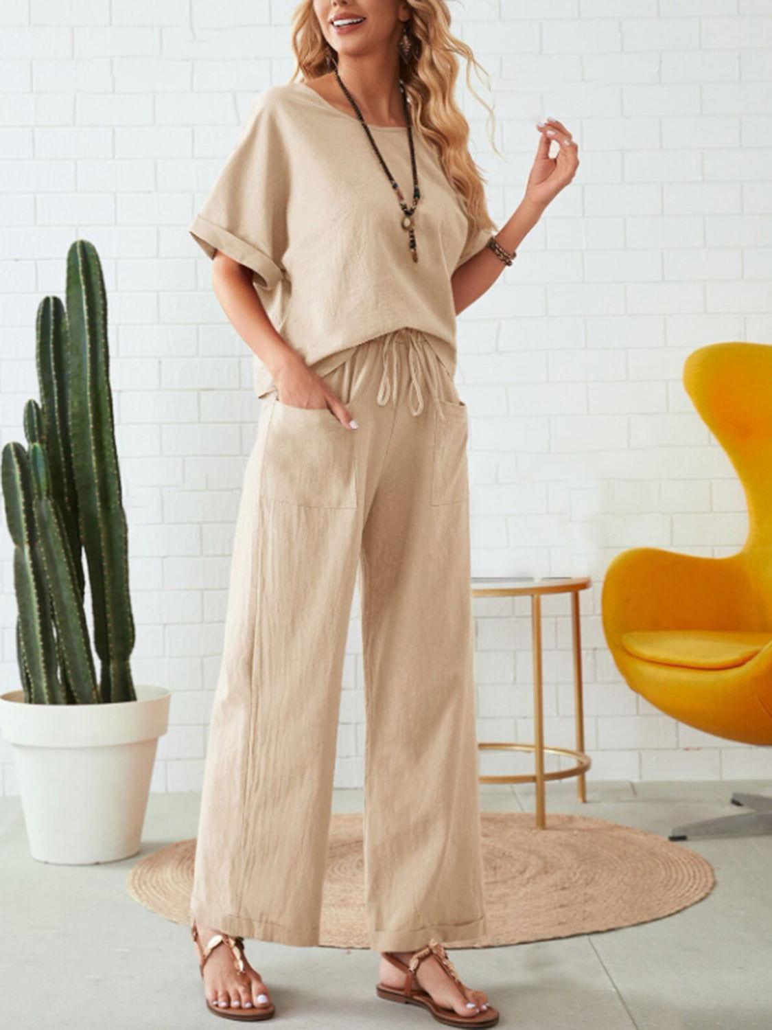 Round Neck Half Sleeve Top and Pocketed Pants Set - Clothes For Her Online Store