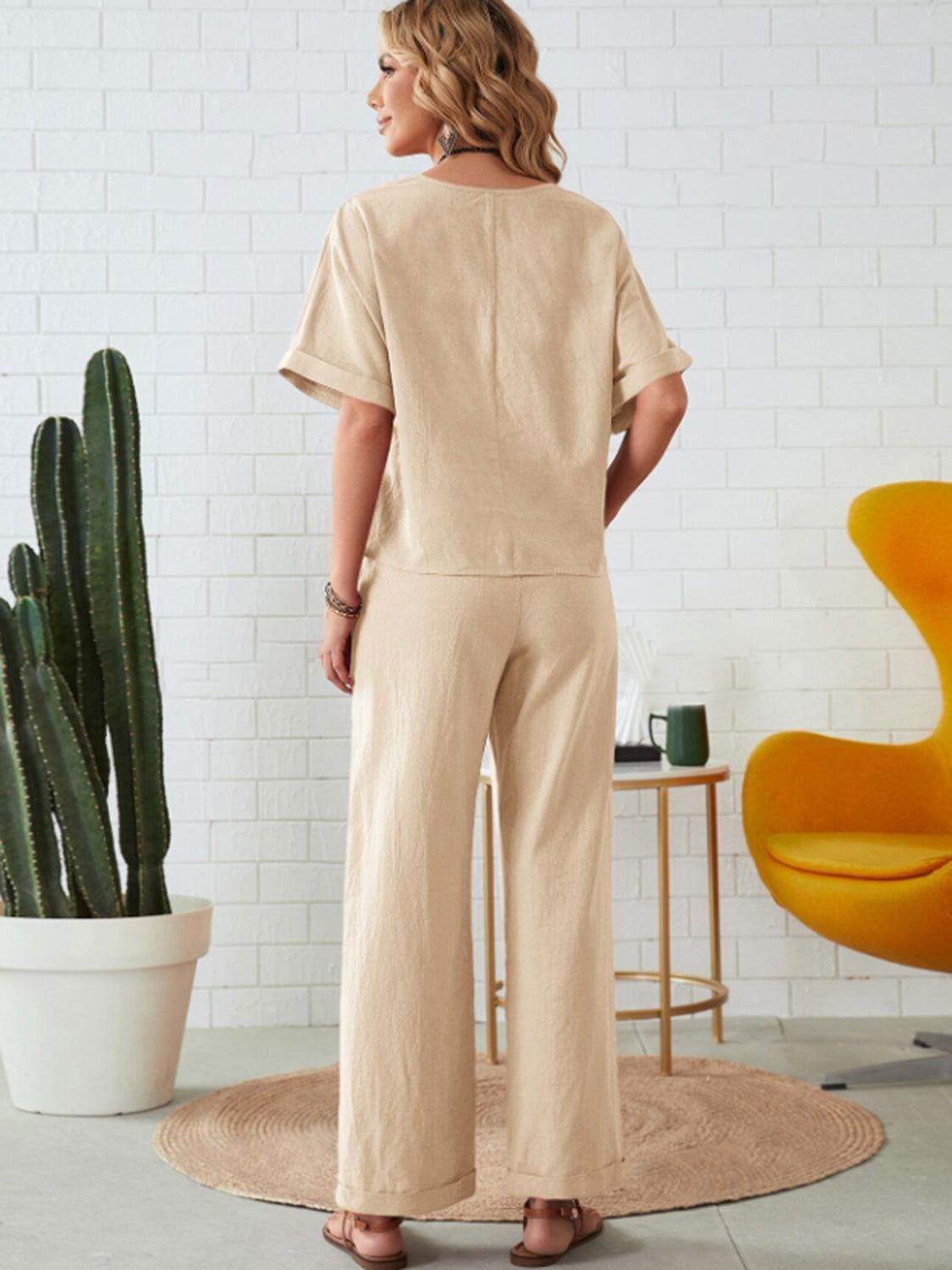 Round Neck Half Sleeve Top and Pocketed Pants Set - Clothes For Her Online Store