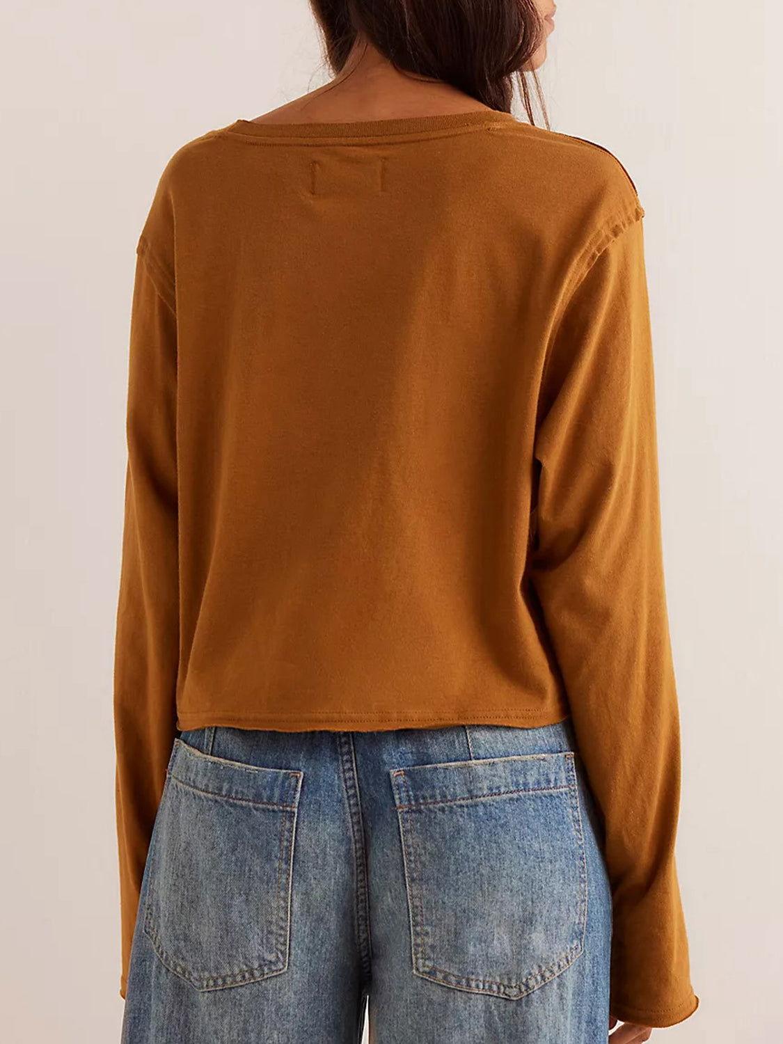 Round Neck Long Sleeve Cropped T-Shirt - Clothes For Her Online Store