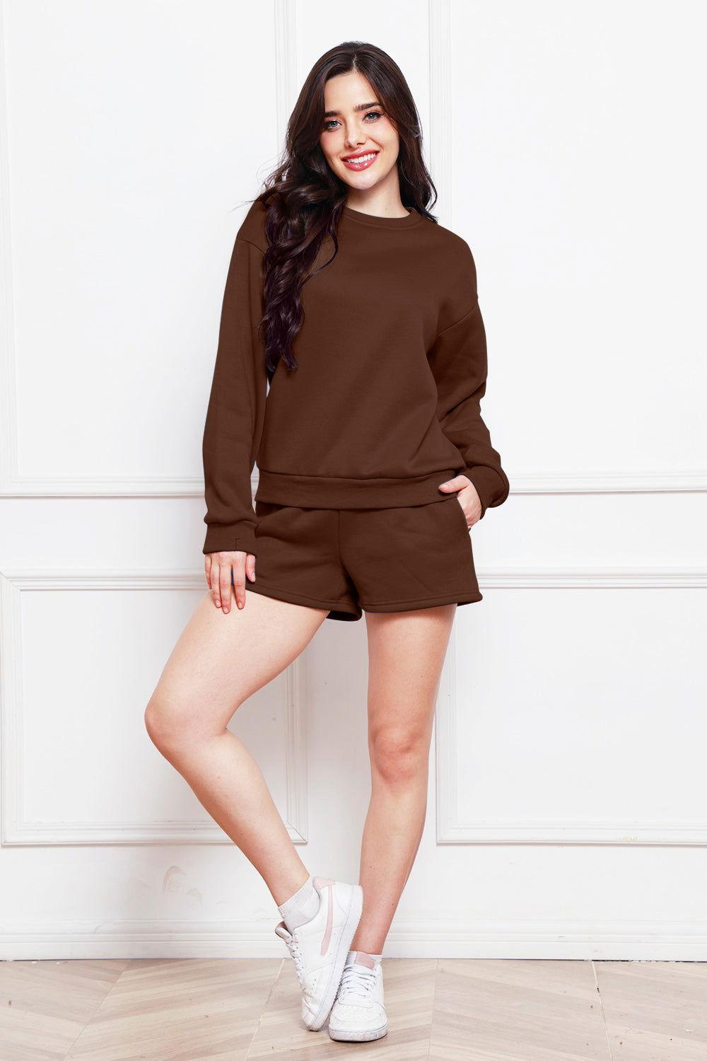 Round Neck Long Sleeve Sweatshirt and Drawstring Shorts Set - Clothes For Her Online Store
