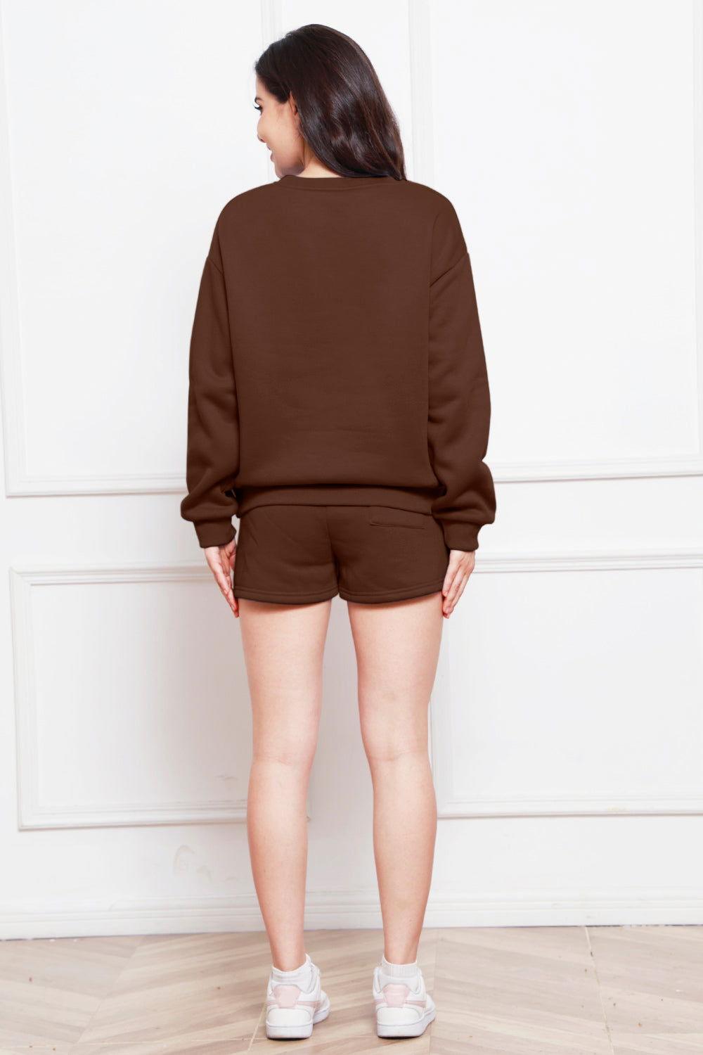 Round Neck Long Sleeve Sweatshirt and Drawstring Shorts Set - Clothes For Her Online Store