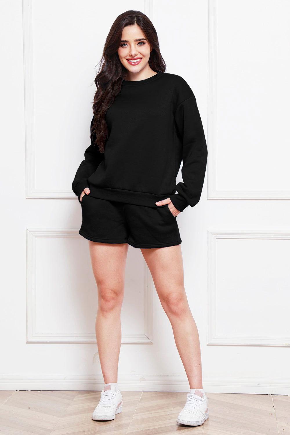 Round Neck Long Sleeve Sweatshirt and Drawstring Shorts Set - Clothes For Her Online Store