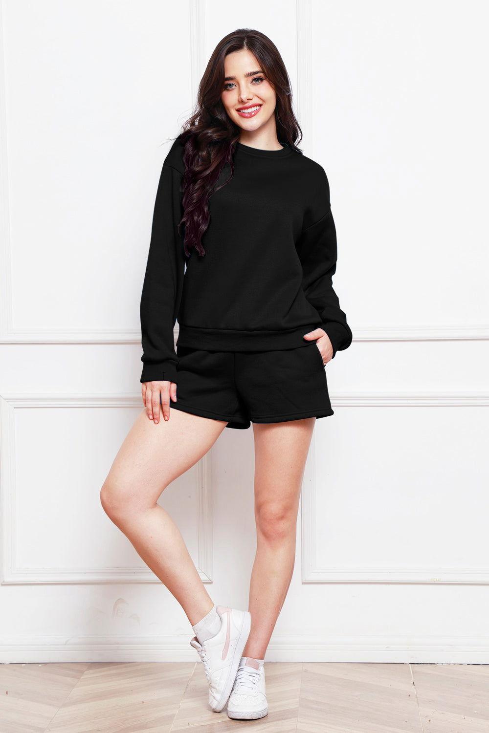 Round Neck Long Sleeve Sweatshirt and Drawstring Shorts Set - Clothes For Her Online Store