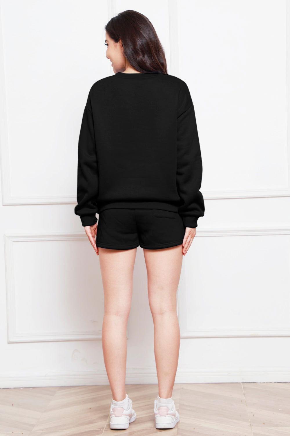 Round Neck Long Sleeve Sweatshirt and Drawstring Shorts Set - Clothes For Her Online Store