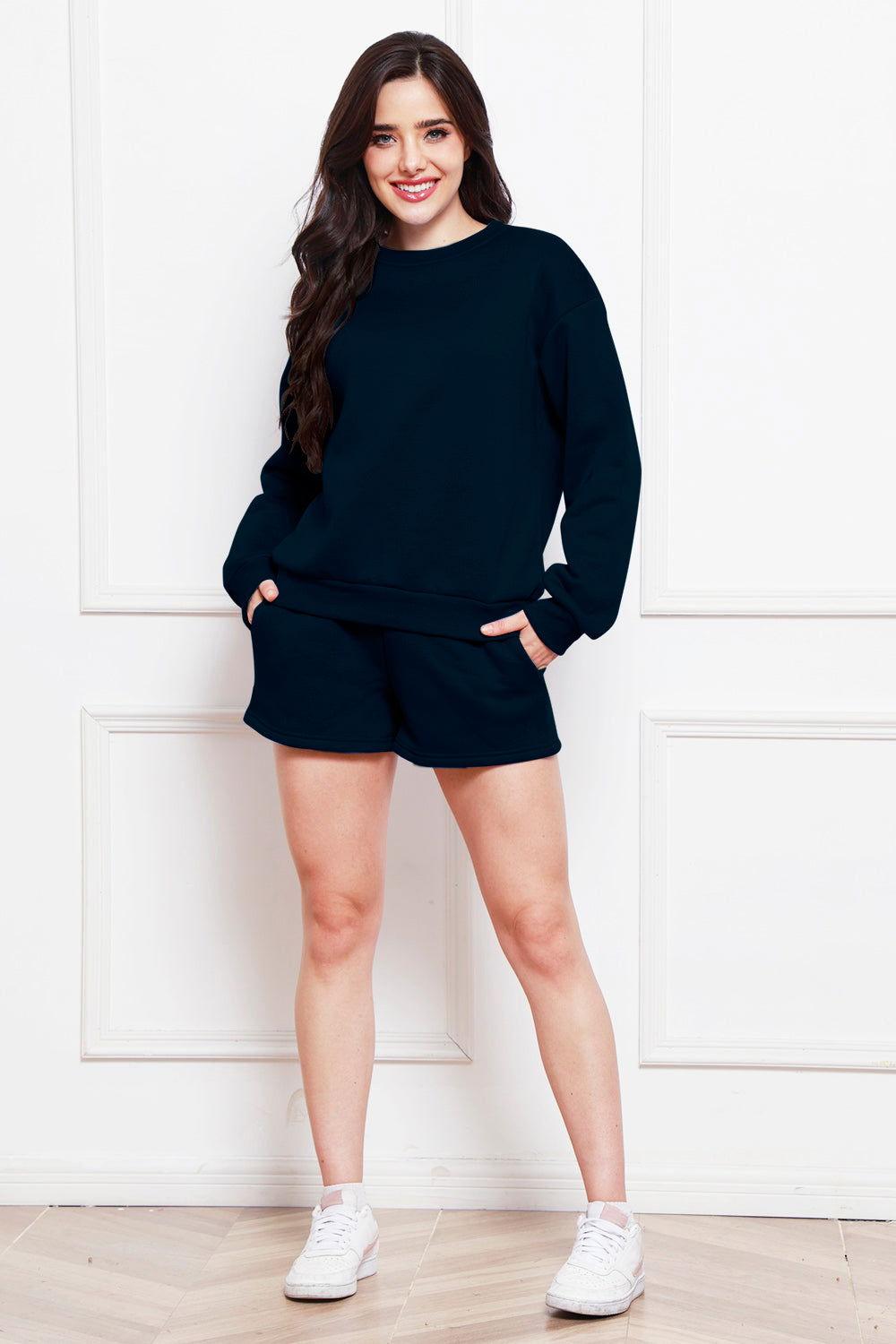 Round Neck Long Sleeve Sweatshirt and Drawstring Shorts Set - Clothes For Her Online Store