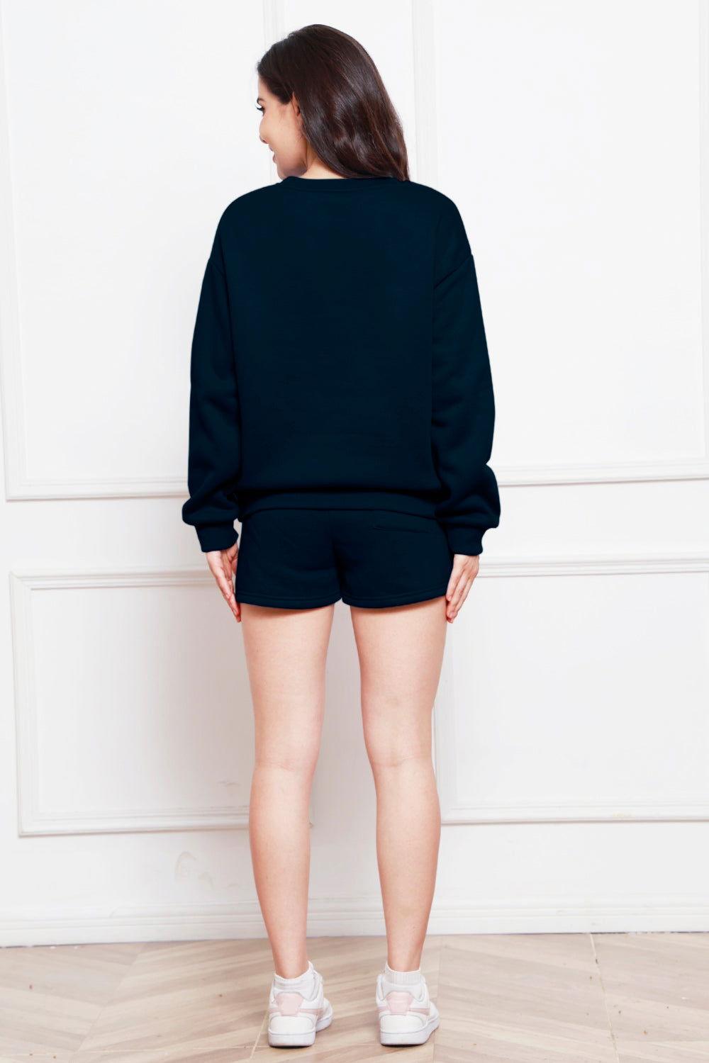 Round Neck Long Sleeve Sweatshirt and Drawstring Shorts Set - Clothes For Her Online Store
