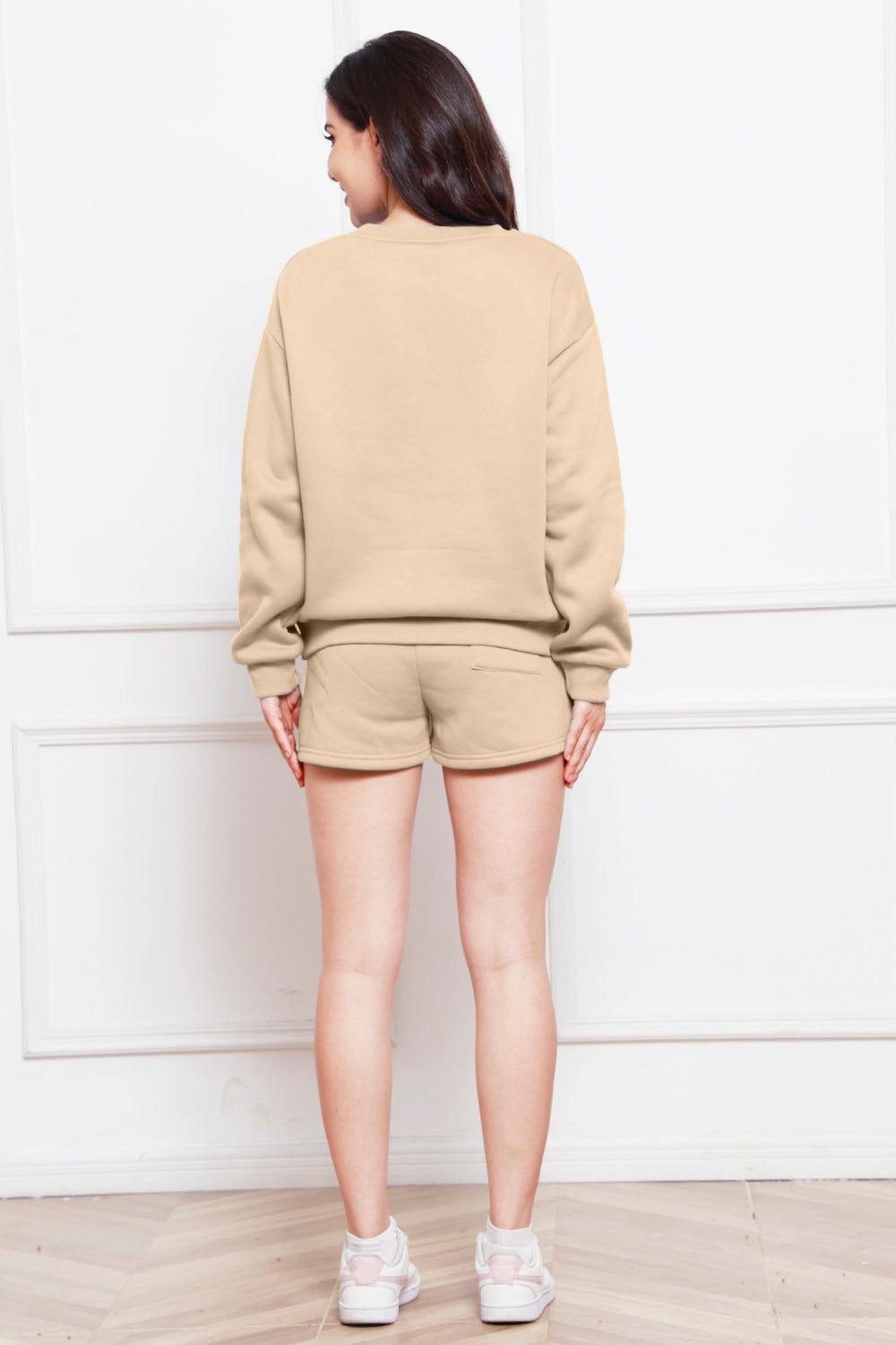 Round Neck Long Sleeve Sweatshirt and Drawstring Shorts Set - Clothes For Her Online Store
