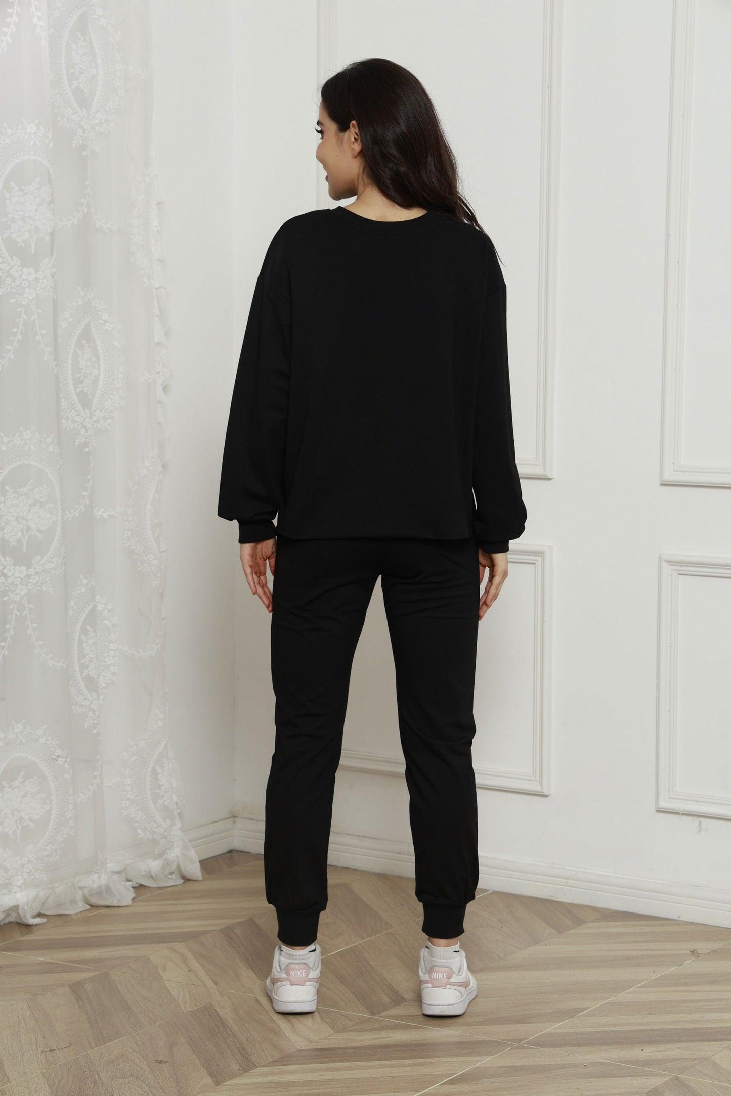 Round Neck Long Sleeve Top and Drawstring Pants Set - Clothes For Her Online Store