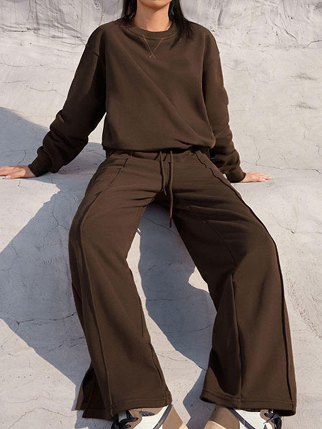 Round Neck Long Sleeve Top and Elastic Waist Pants Set - Clothes For Her Online Store