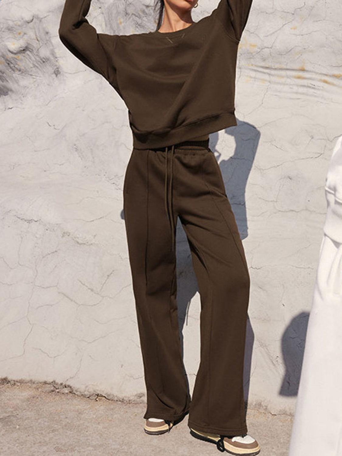 Round Neck Long Sleeve Top and Elastic Waist Pants Set - Clothes For Her Online Store