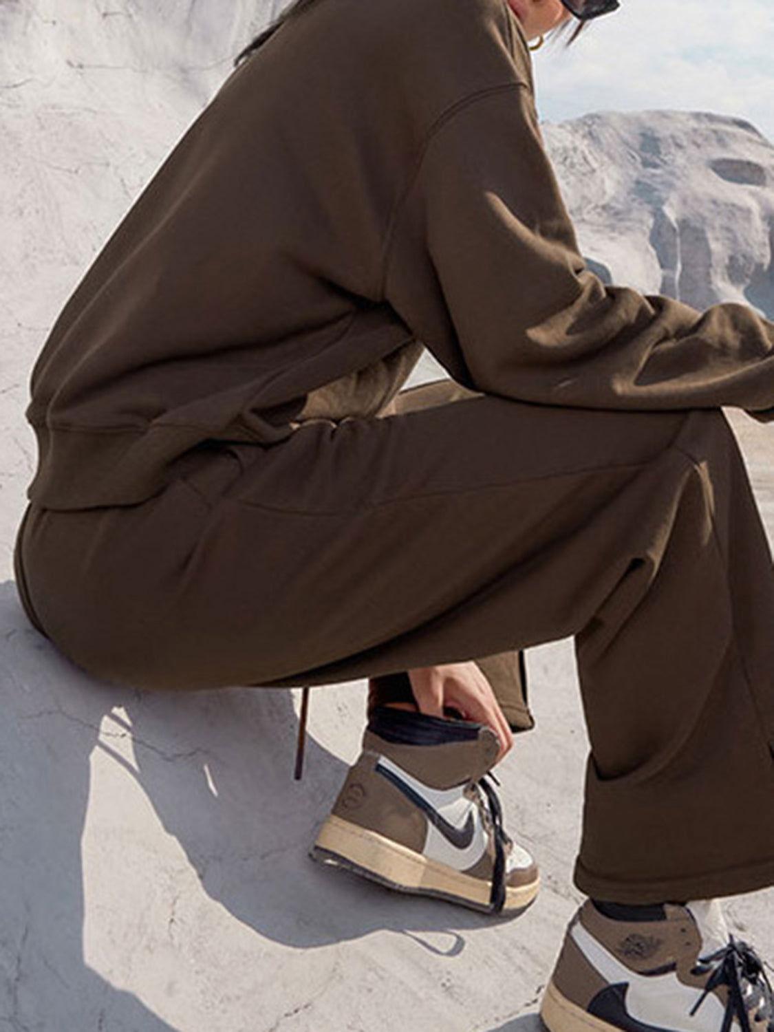 Round Neck Long Sleeve Top and Elastic Waist Pants Set - Clothes For Her Online Store