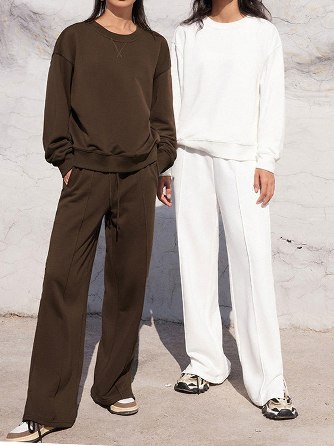 Round Neck Long Sleeve Top and Elastic Waist Pants Set - Clothes For Her Online Store