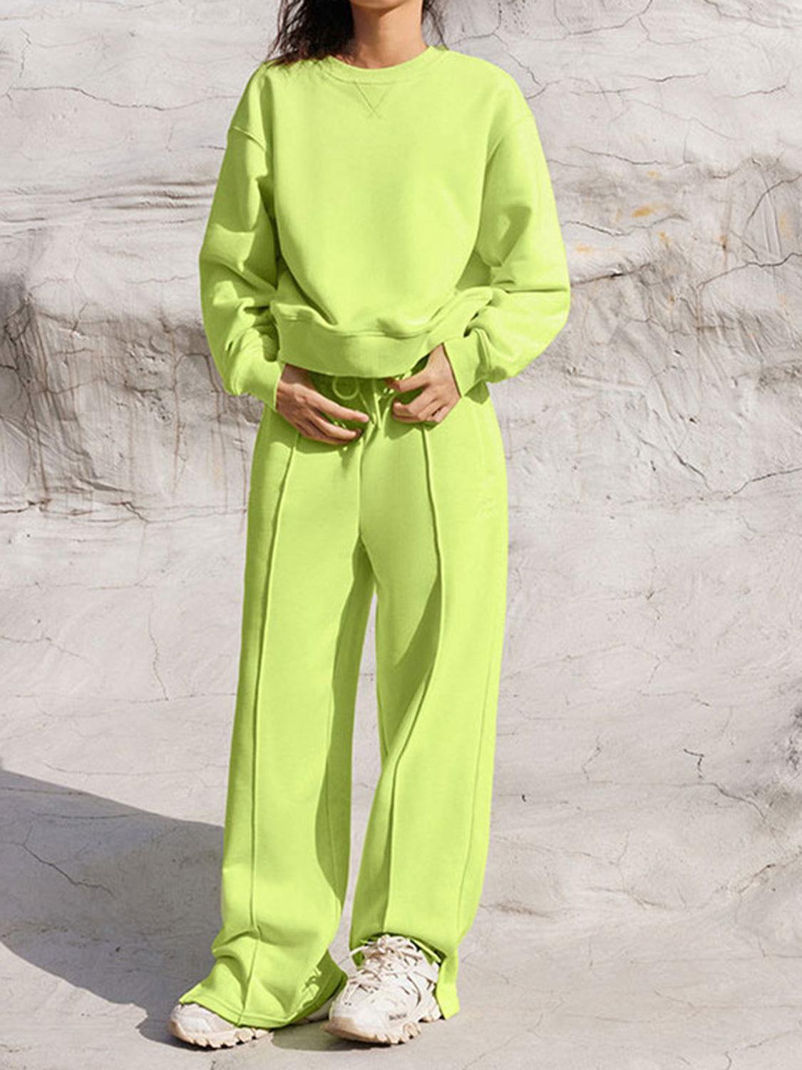 Round Neck Long Sleeve Top and Elastic Waist Pants Set - Clothes For Her Online Store