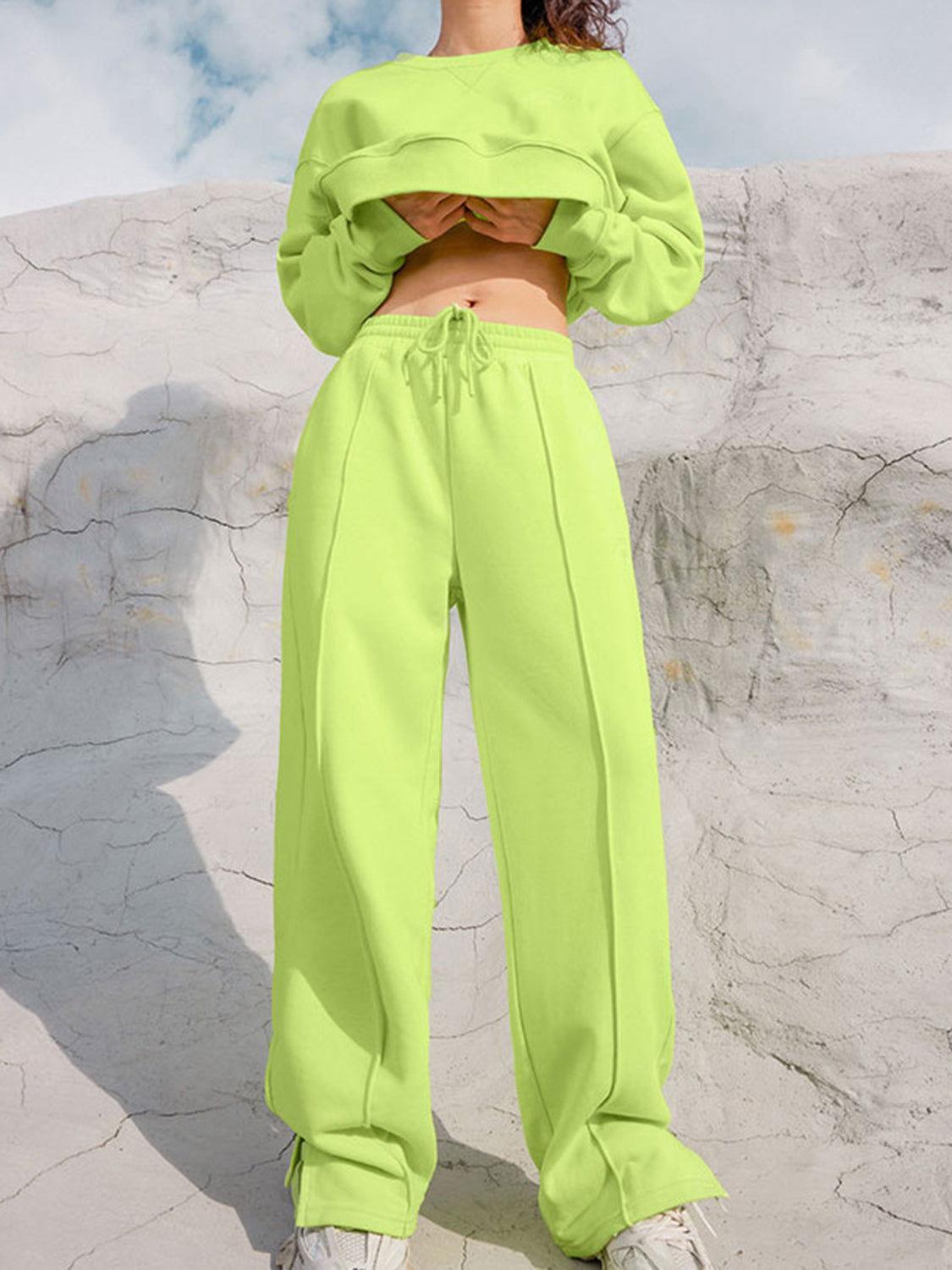 Round Neck Long Sleeve Top and Elastic Waist Pants Set - Clothes For Her Online Store