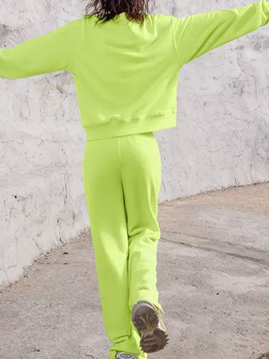 Round Neck Long Sleeve Top and Elastic Waist Pants Set - Clothes For Her Online Store