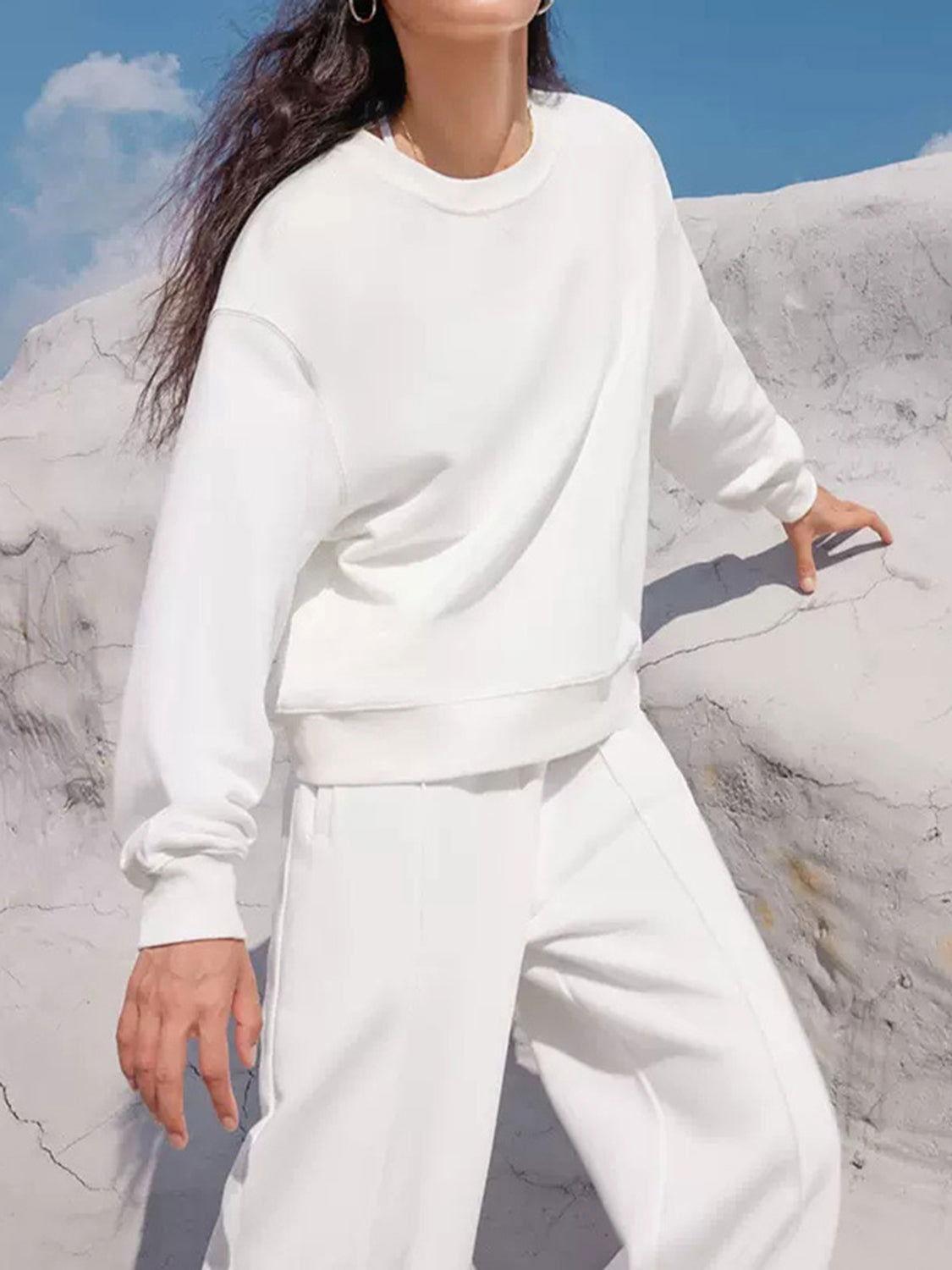 Round Neck Long Sleeve Top and Elastic Waist Pants Set - Clothes For Her Online Store