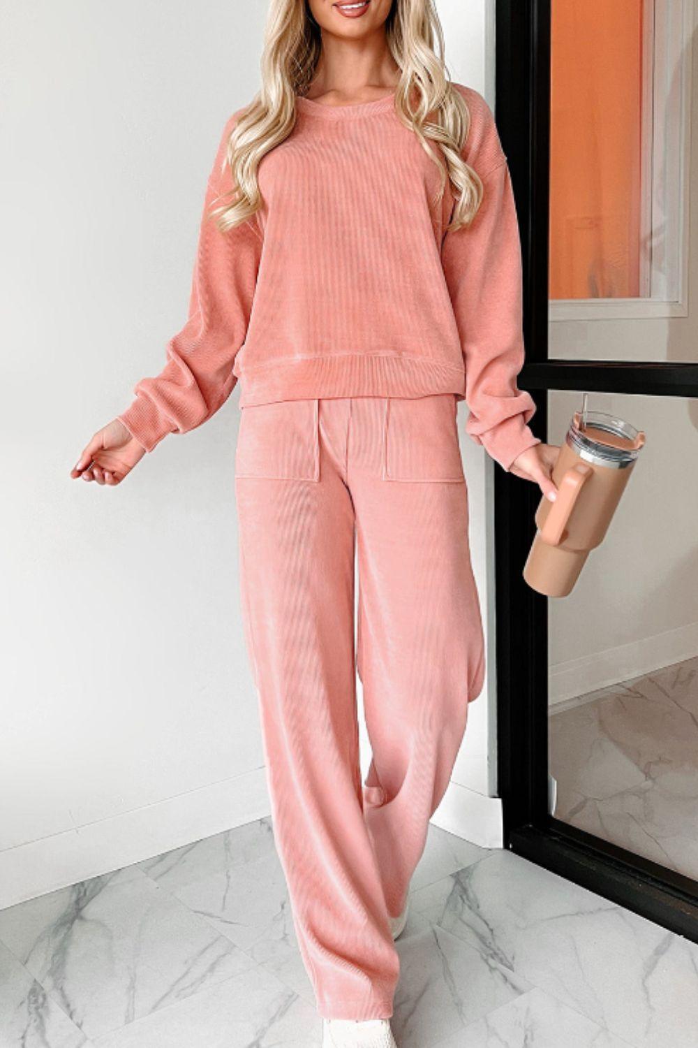 Round Neck Long Sleeve Top and Pants Set - Clothes For Her Online Store