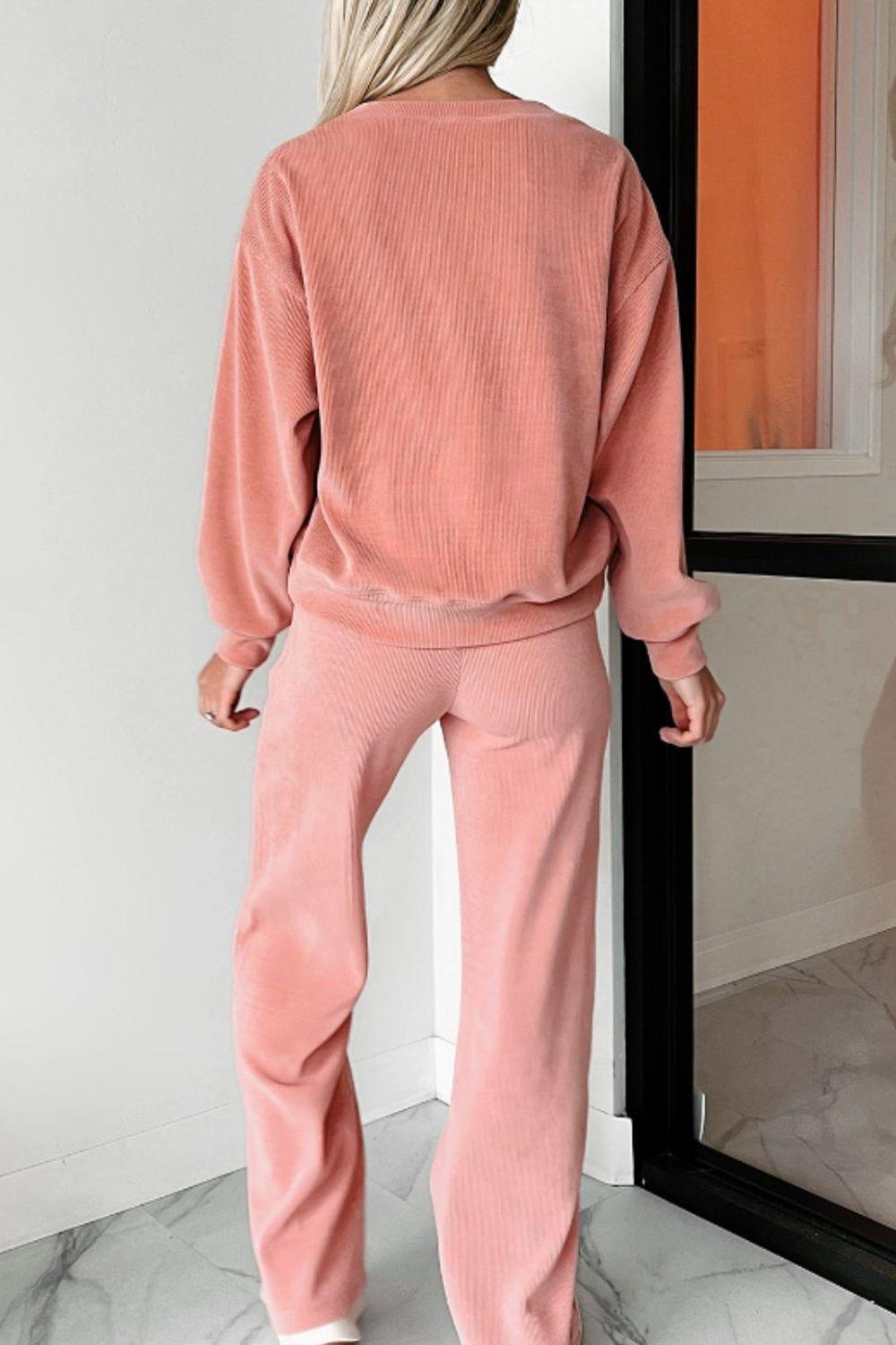Round Neck Long Sleeve Top and Pants Set - Clothes For Her Online Store