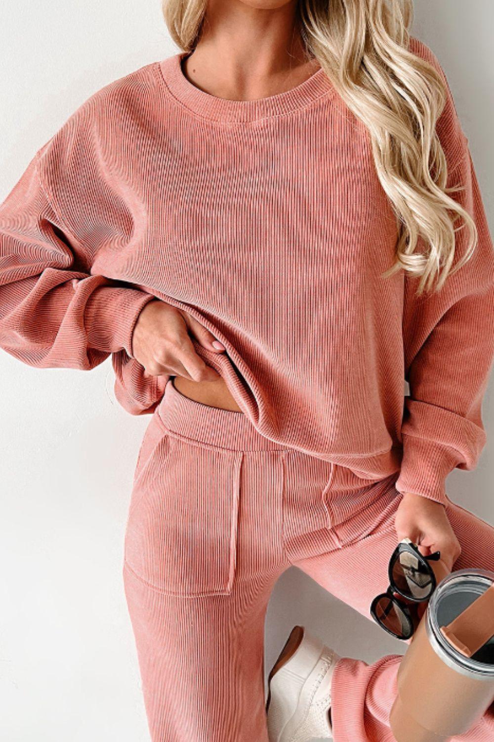 Round Neck Long Sleeve Top and Pants Set - Clothes For Her Online Store