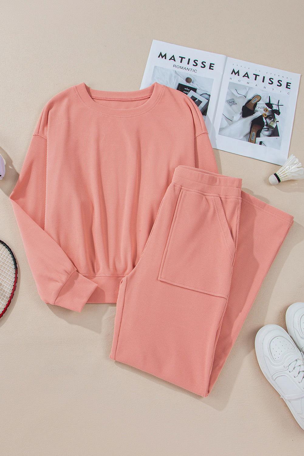 Round Neck Long Sleeve Top and Pants Set - Clothes For Her Online Store