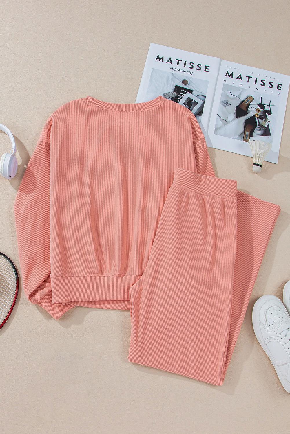 Round Neck Long Sleeve Top and Pants Set - Clothes For Her Online Store