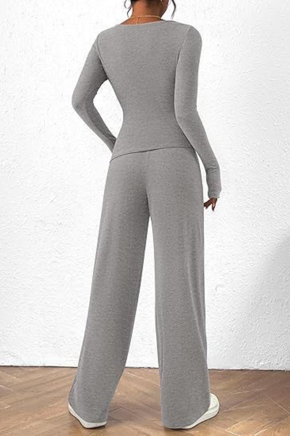 Round Neck Long Sleeve Top and Pants Set - Clothes For Her Online Store