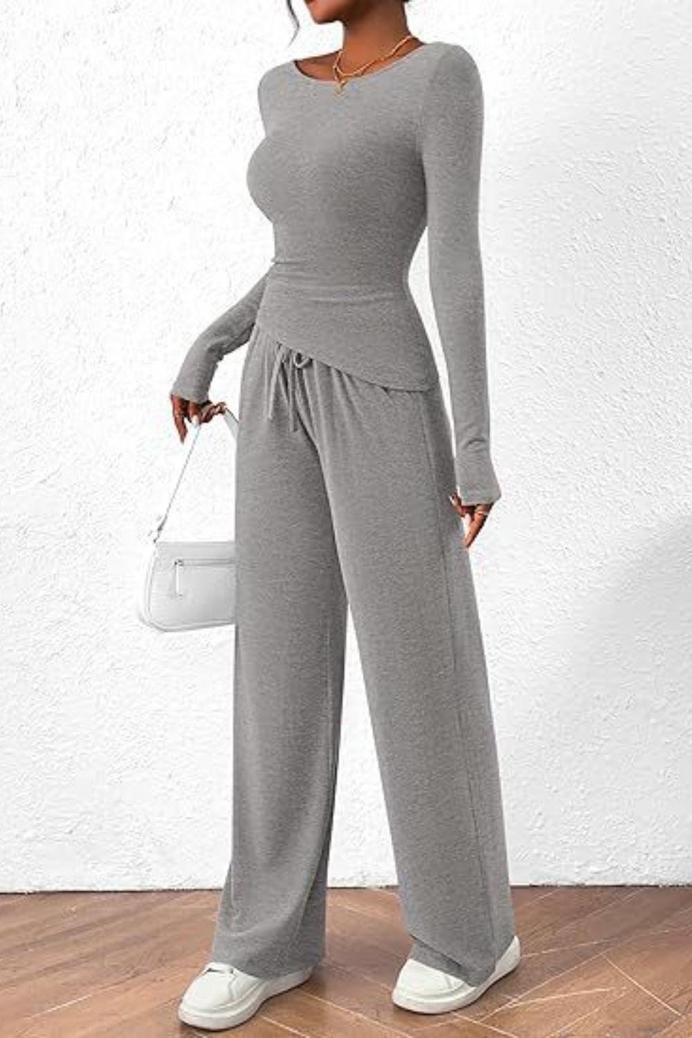 Round Neck Long Sleeve Top and Pants Set - Clothes For Her Online Store