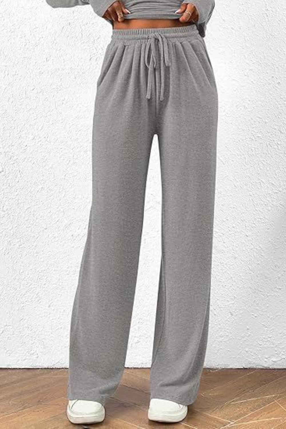Round Neck Long Sleeve Top and Pants Set - Clothes For Her Online Store