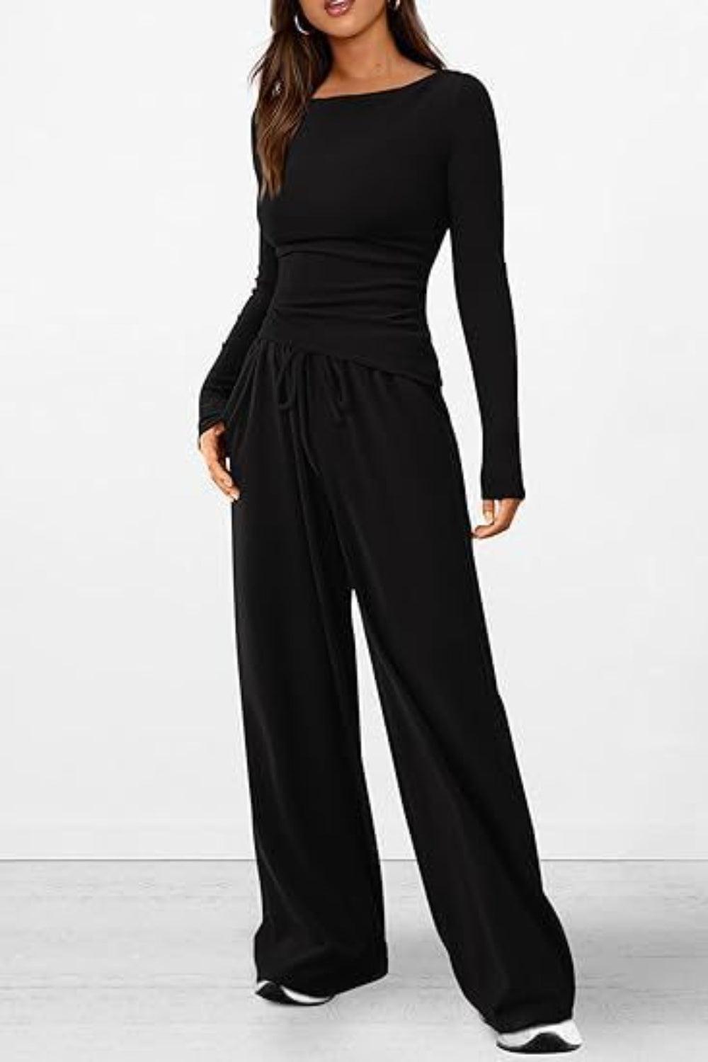 Round Neck Long Sleeve Top and Pants Set - Clothes For Her Online Store