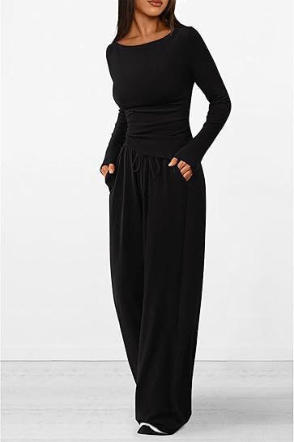 Round Neck Long Sleeve Top and Pants Set - Clothes For Her Online Store