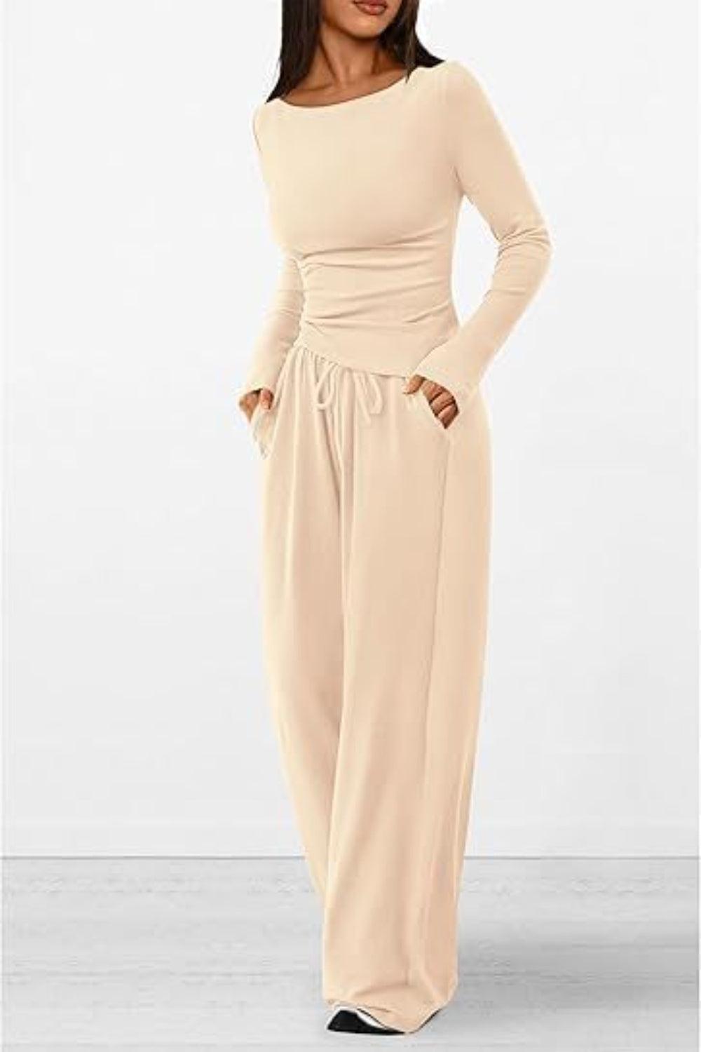 Round Neck Long Sleeve Top and Pants Set - Clothes For Her Online Store