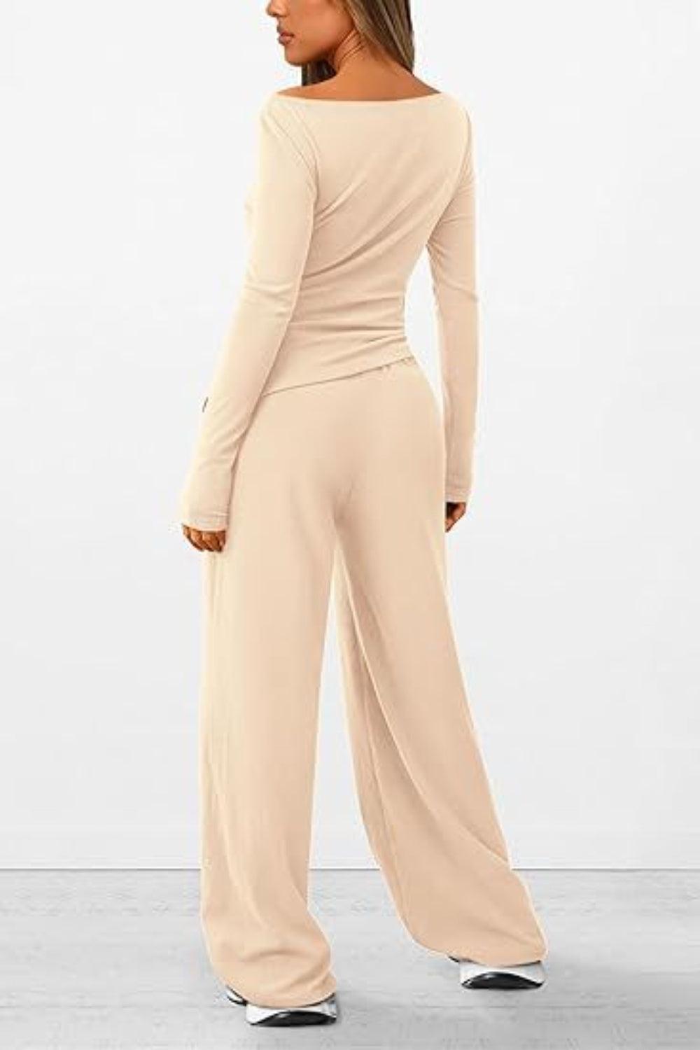 Round Neck Long Sleeve Top and Pants Set - Clothes For Her Online Store