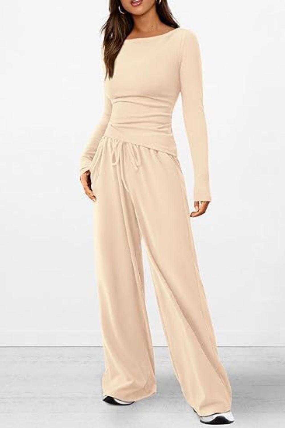 Round Neck Long Sleeve Top and Pants Set - Clothes For Her Online Store