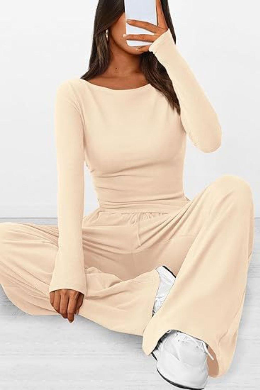 Round Neck Long Sleeve Top and Pants Set - Clothes For Her Online Store
