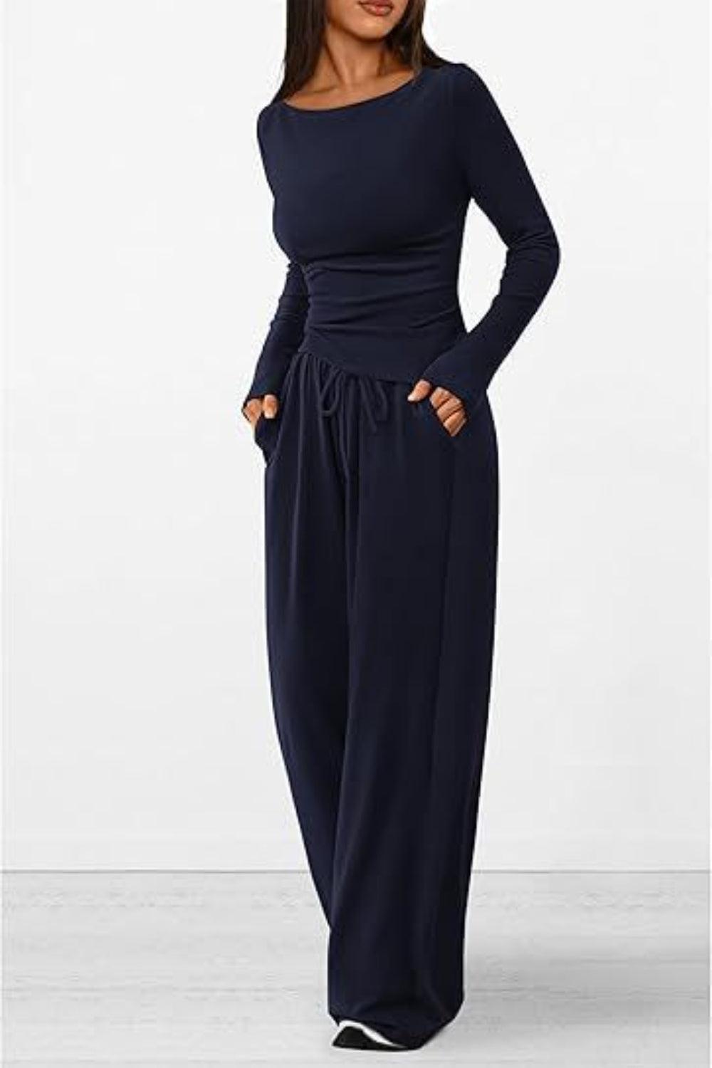 Round Neck Long Sleeve Top and Pants Set - Clothes For Her Online Store