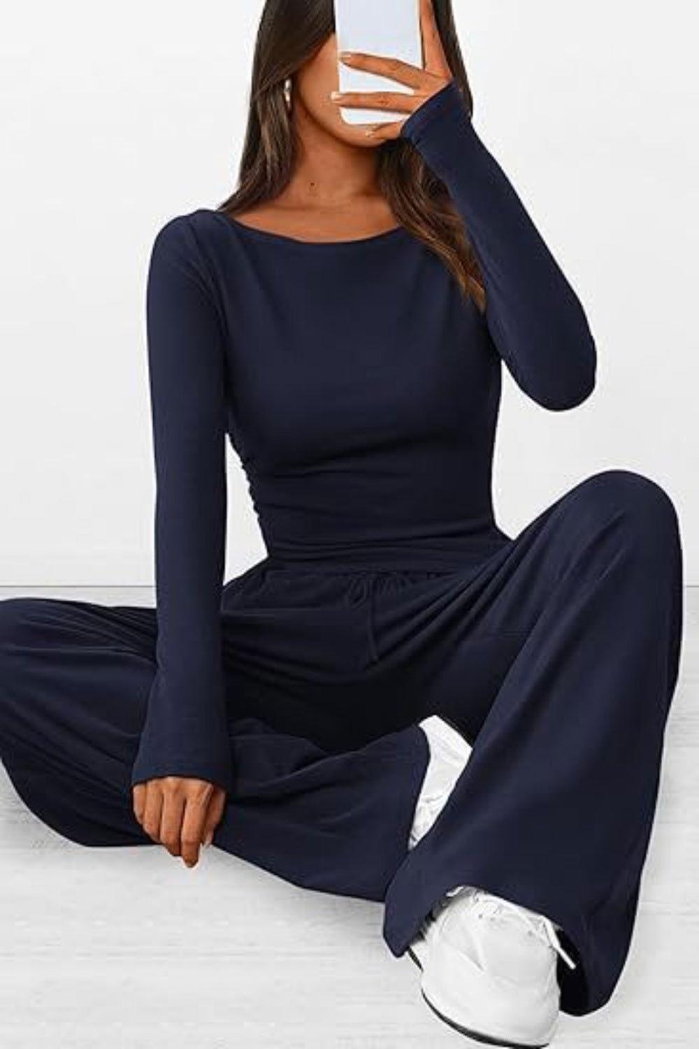 Round Neck Long Sleeve Top and Pants Set - Clothes For Her Online Store