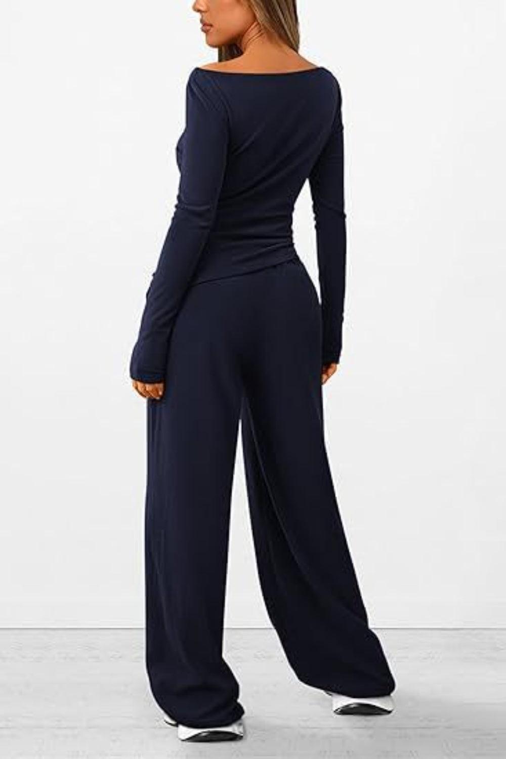 Round Neck Long Sleeve Top and Pants Set - Clothes For Her Online Store